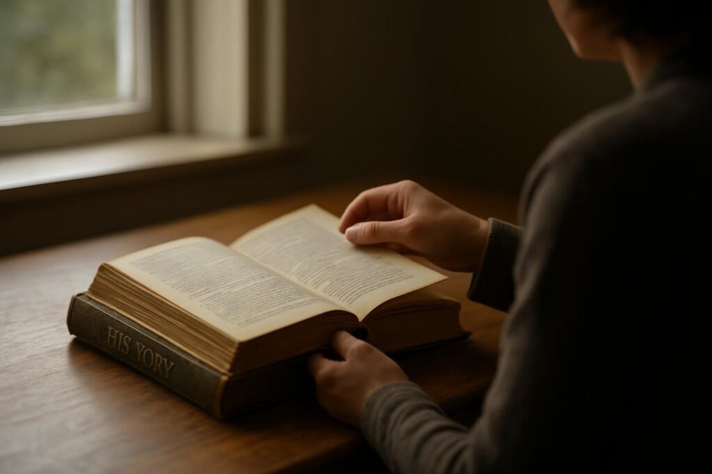 Hands turning a page of a history book, illustrating a Slavery by Another Name summary