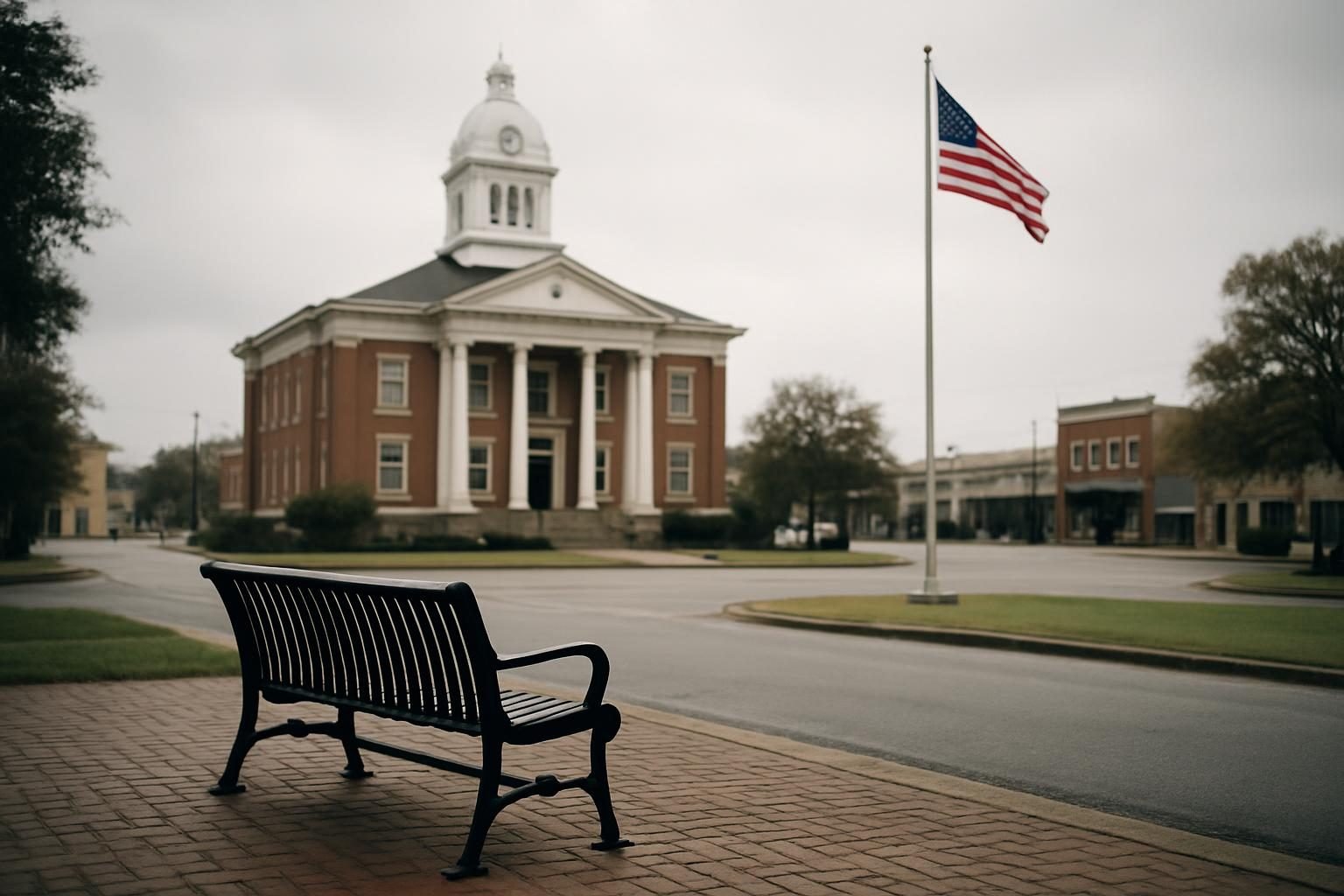 A quiet county courthouse square in a Southern town on an overcast morning