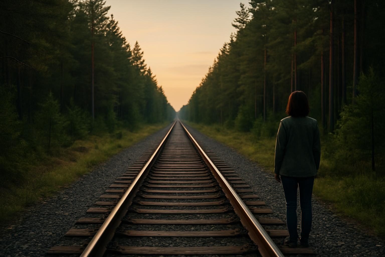 A railroad track running through pine forest at dusk