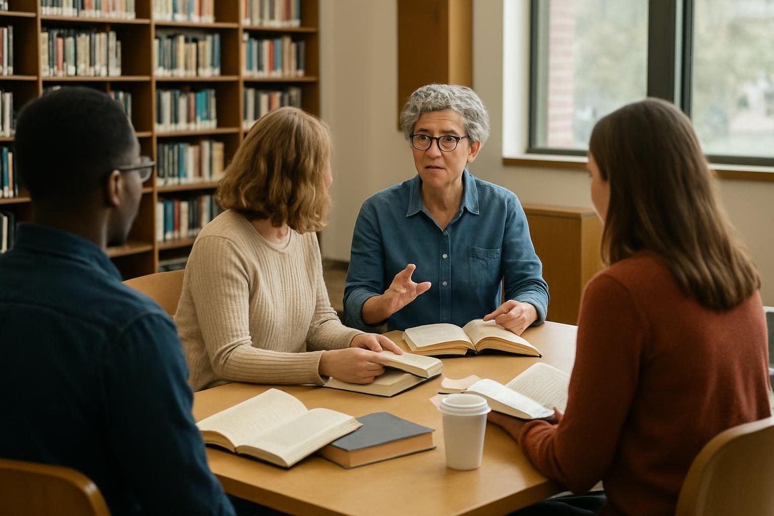 A reading group gathered in a circle to discuss a book in a library