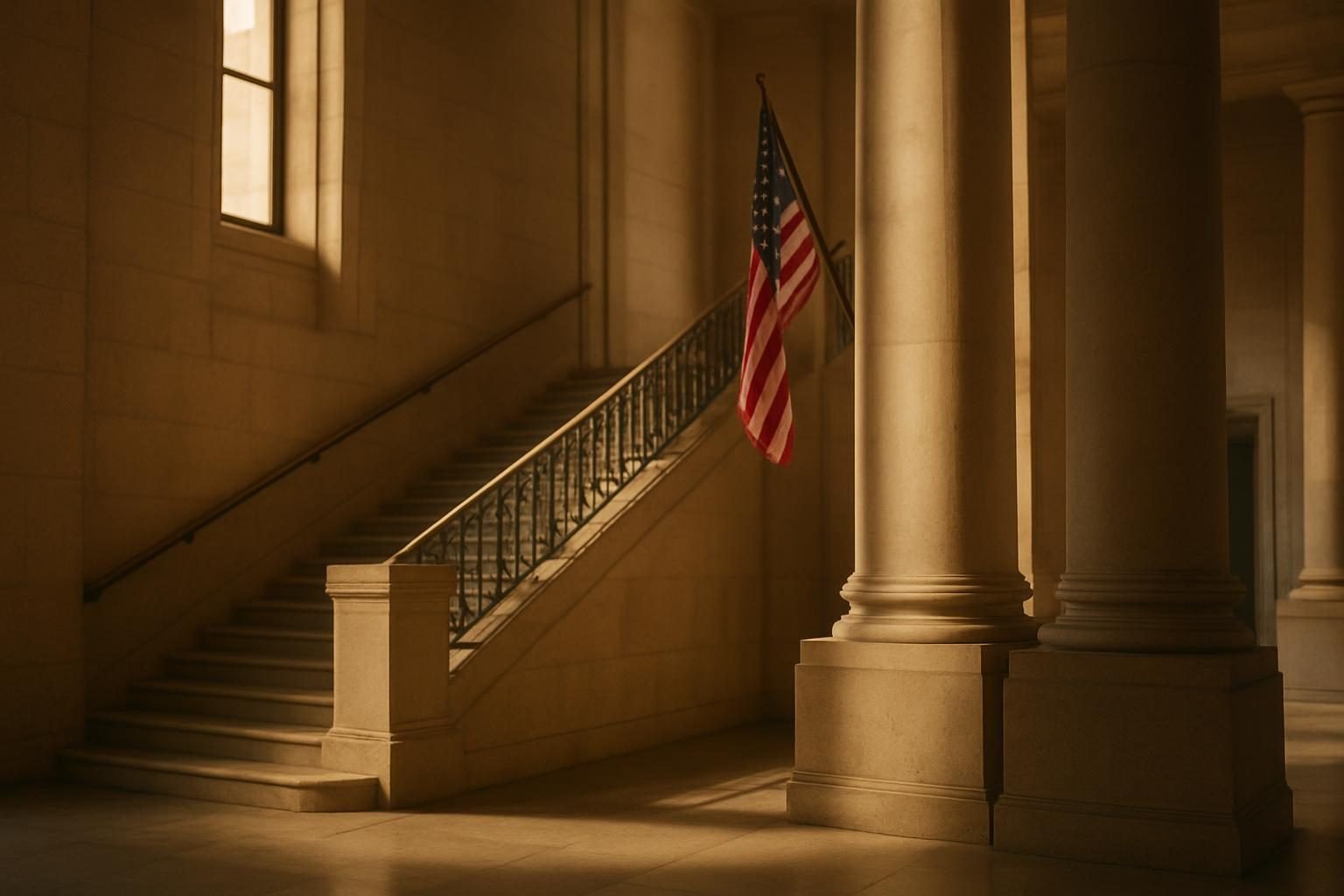 Courthouse staircase at sunset, a symbol of law and the policies behind racist ideas