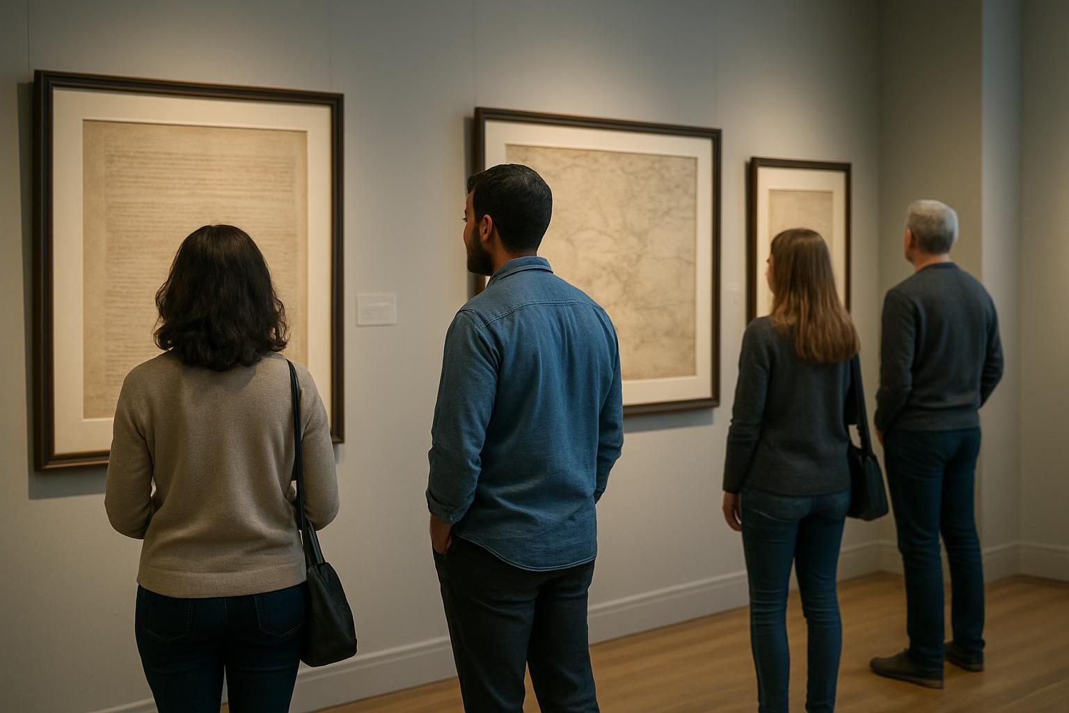 Visitors in a museum hall studying framed historical documents