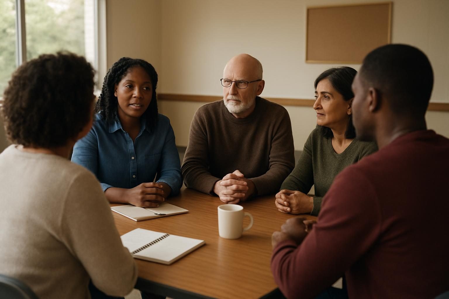 Neighbors in a community room discussing a book together