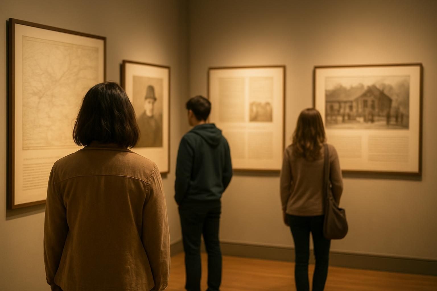 Visitors in a museum exhibit hall studying displays about American history