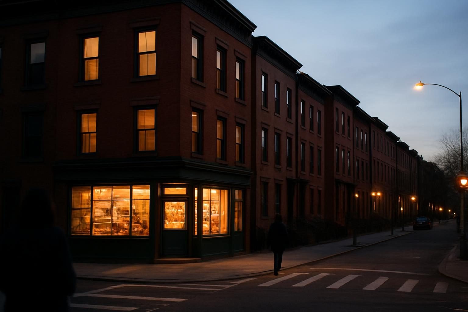 A quiet city neighborhood street at dusk with older brick houses