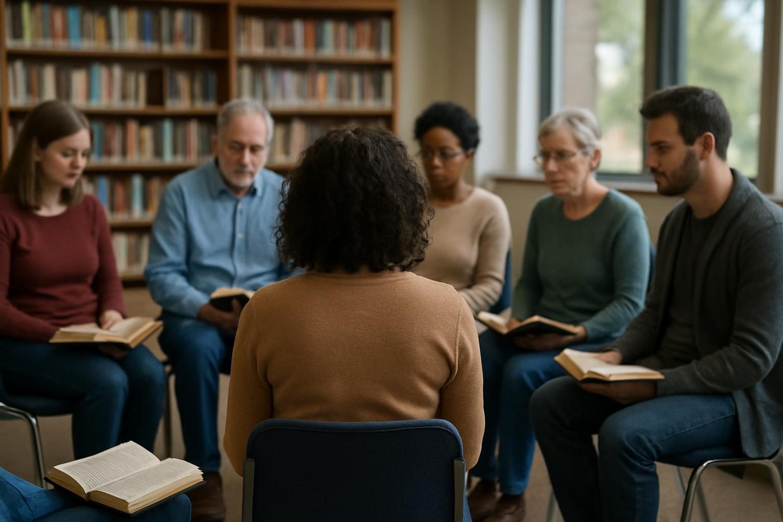 A community reading group discussing a book in a library meeting room
