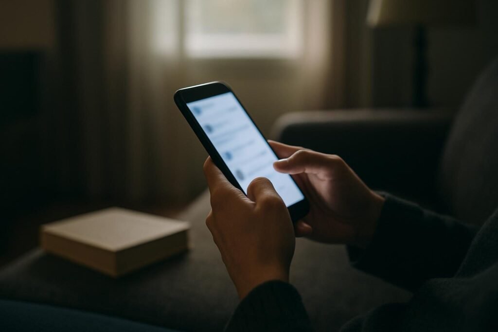 Hands holding a glowing phone beside a book, illustrating The Chaos Machine summary on social media