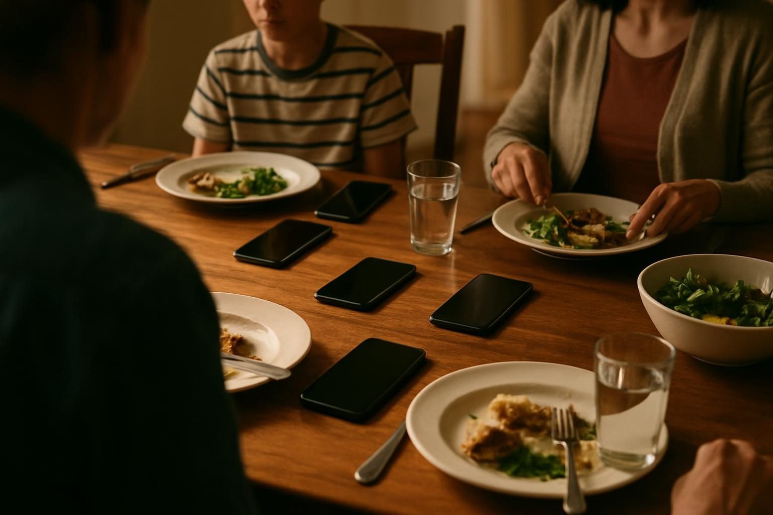 Family dinner table with phones set beside the plates