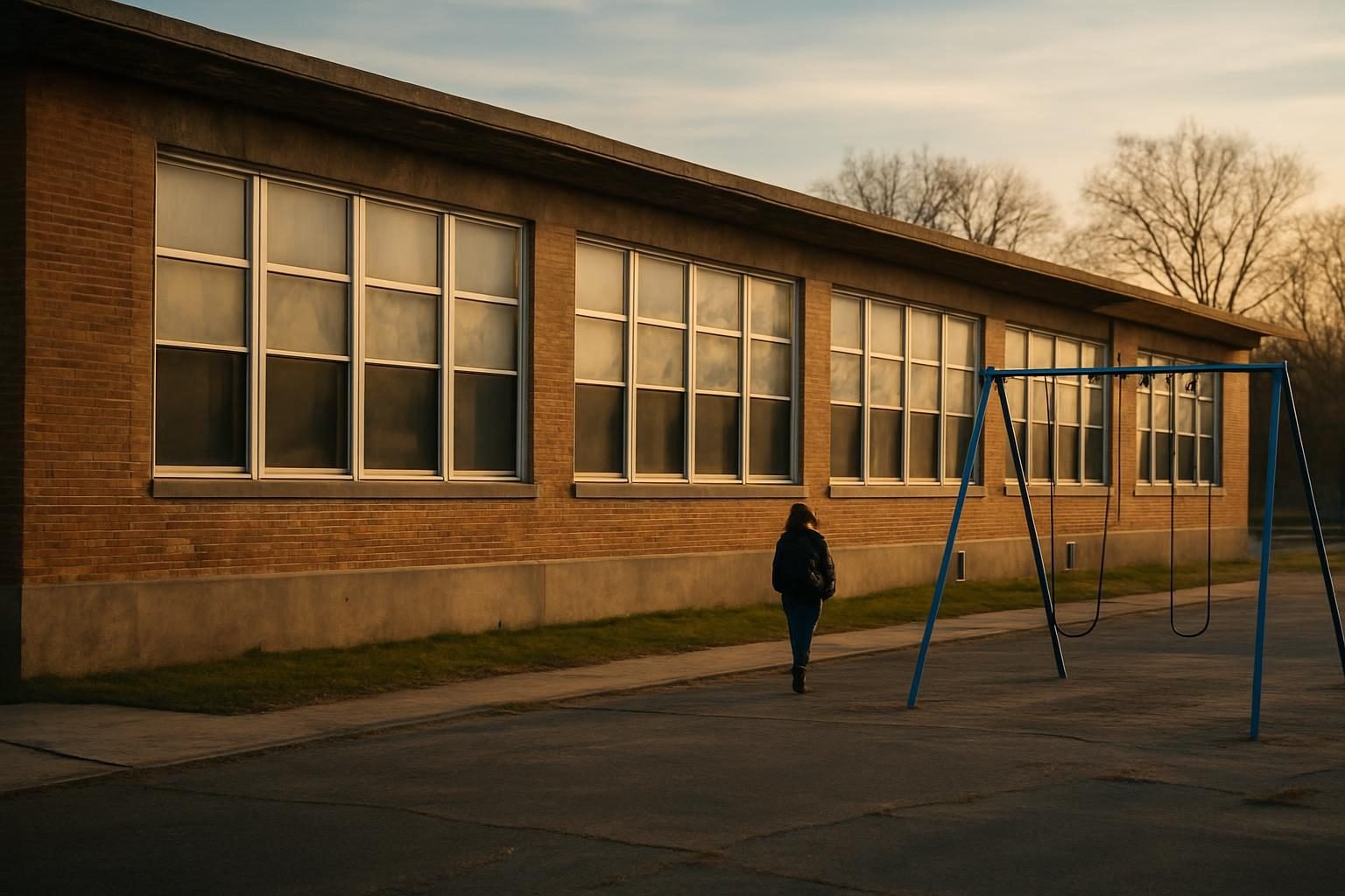 Exterior of an older public school building with empty playground
