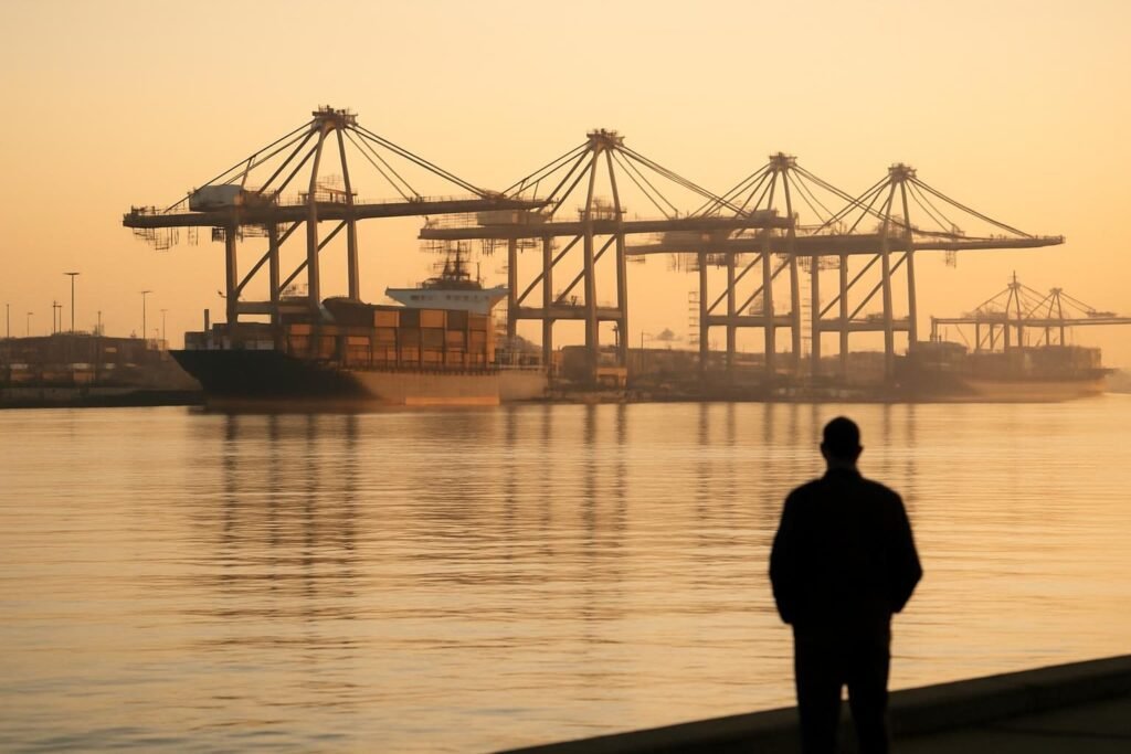 Container ships at a port, illustrating the end of the world is just the beginning summary of global trade
