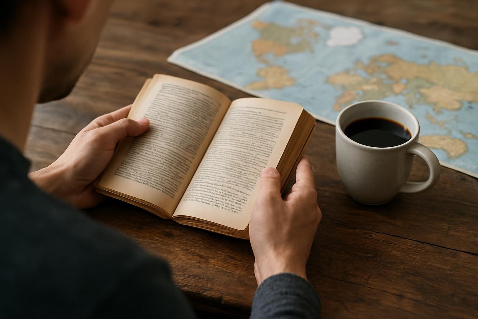 Hands holding a worn paperback book beside a folded world map on a wooden table