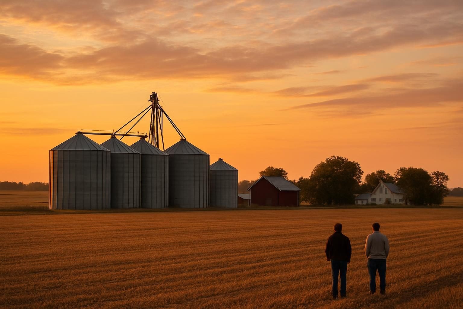 Grain silos and Midwest farmland at sunset