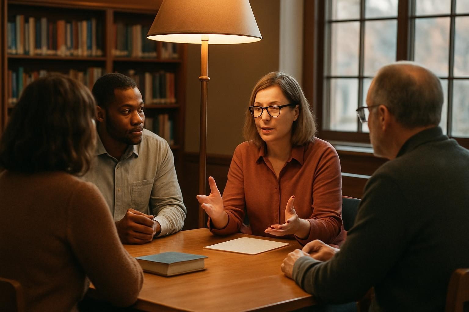 A reading group discussing a book around a library table