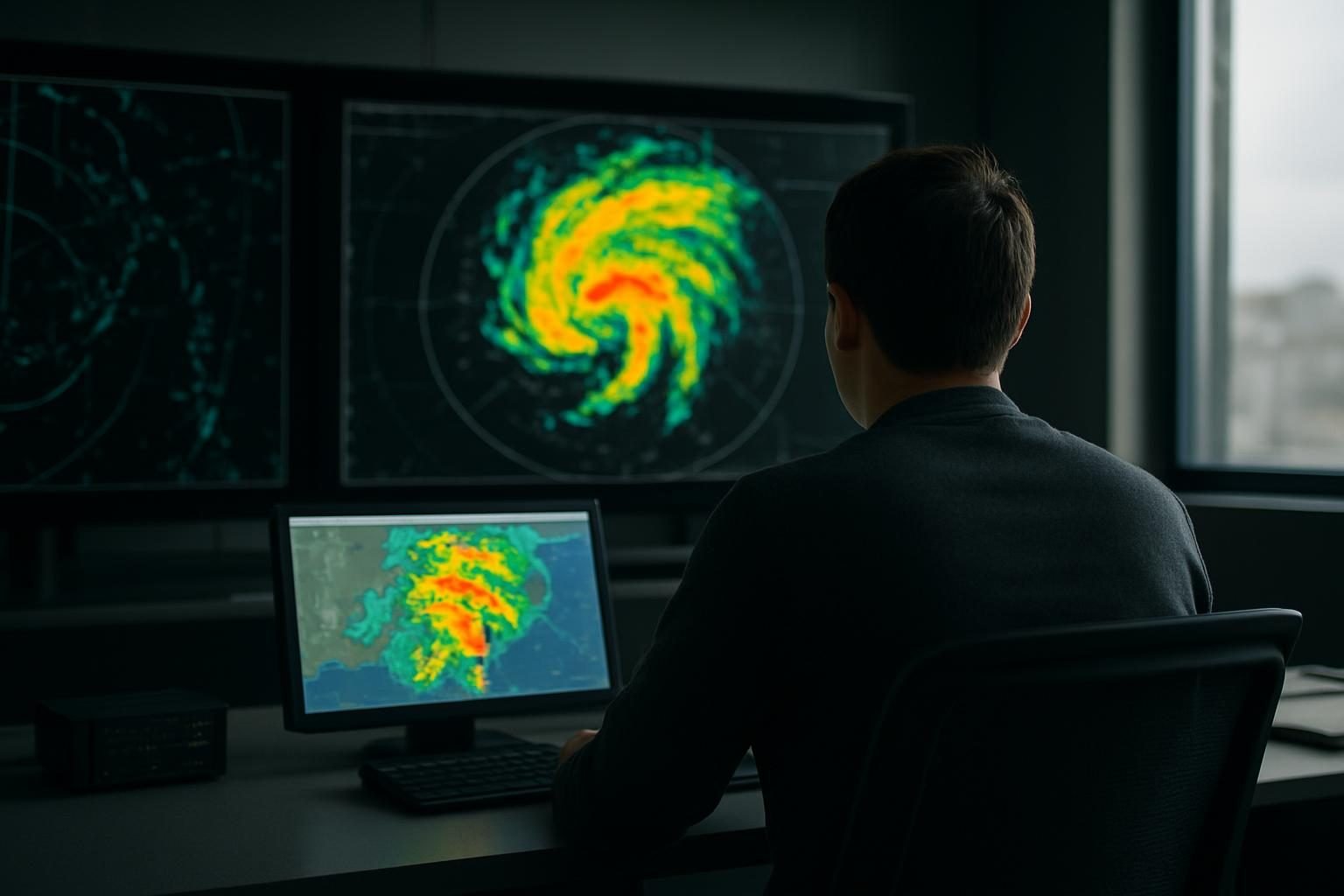 Weather monitoring screens showing a storm system in a forecasting operations room