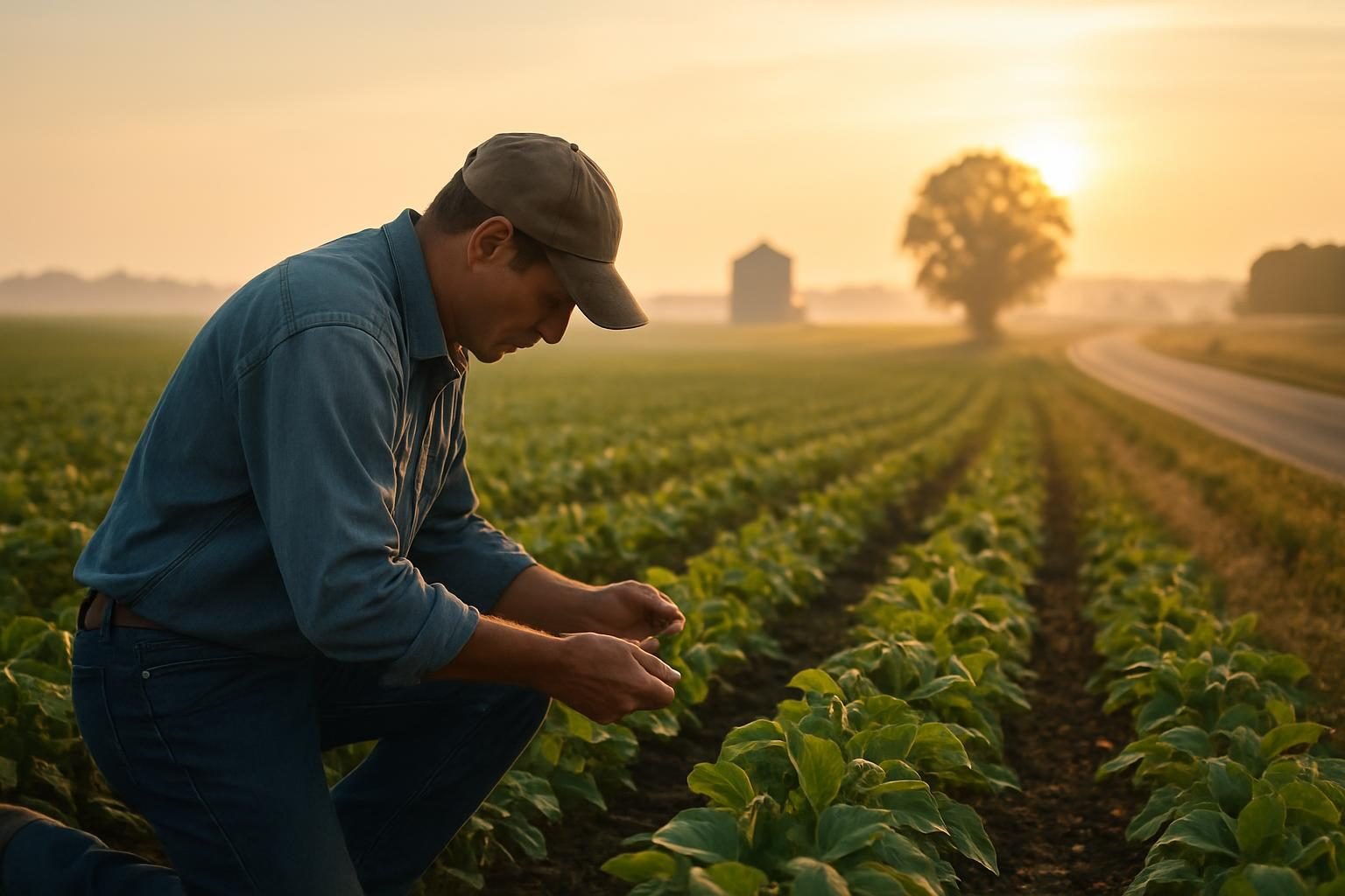 Farmer inspecting a crop at sunrise in a rural field