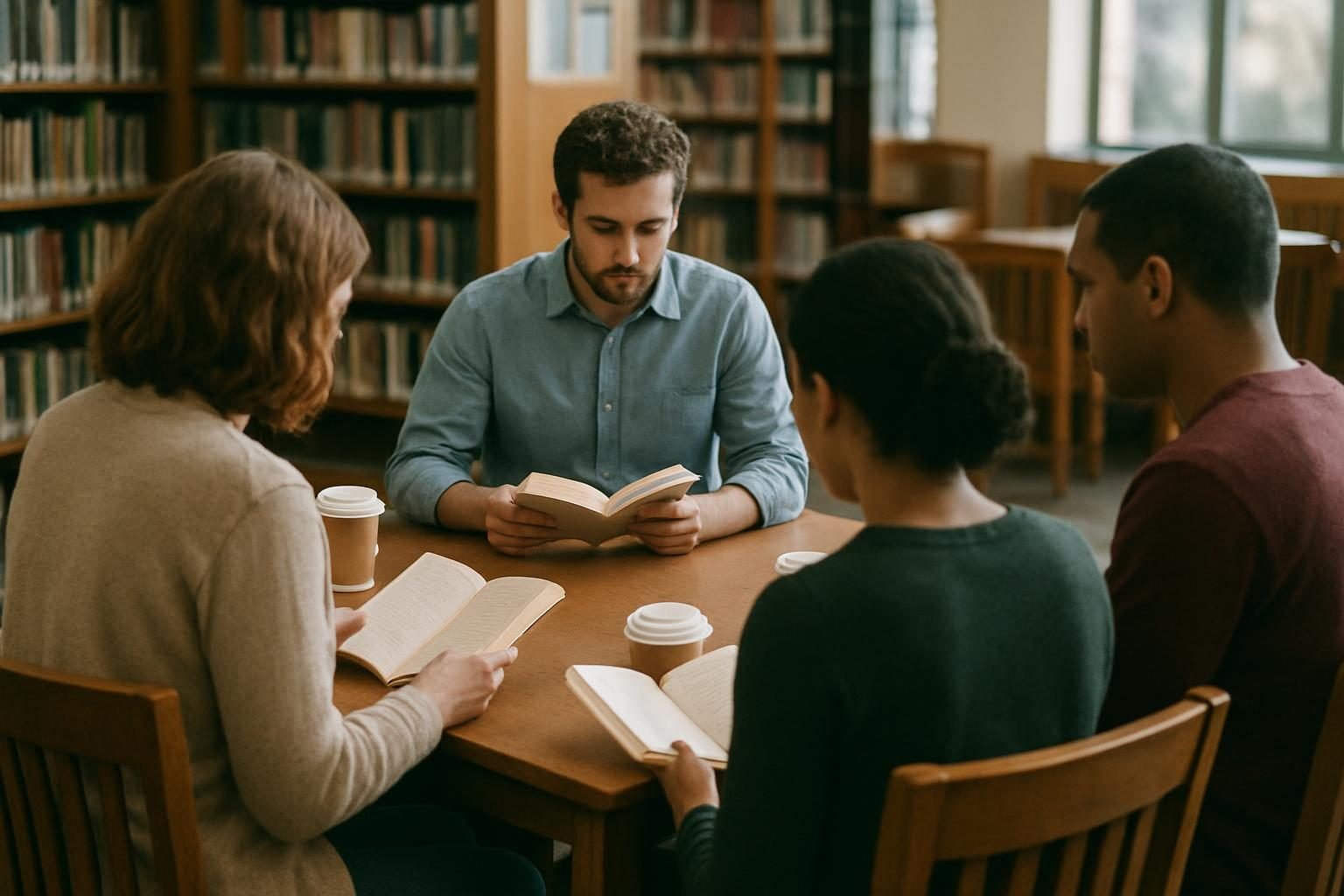 Reading group discussing a book around a library table