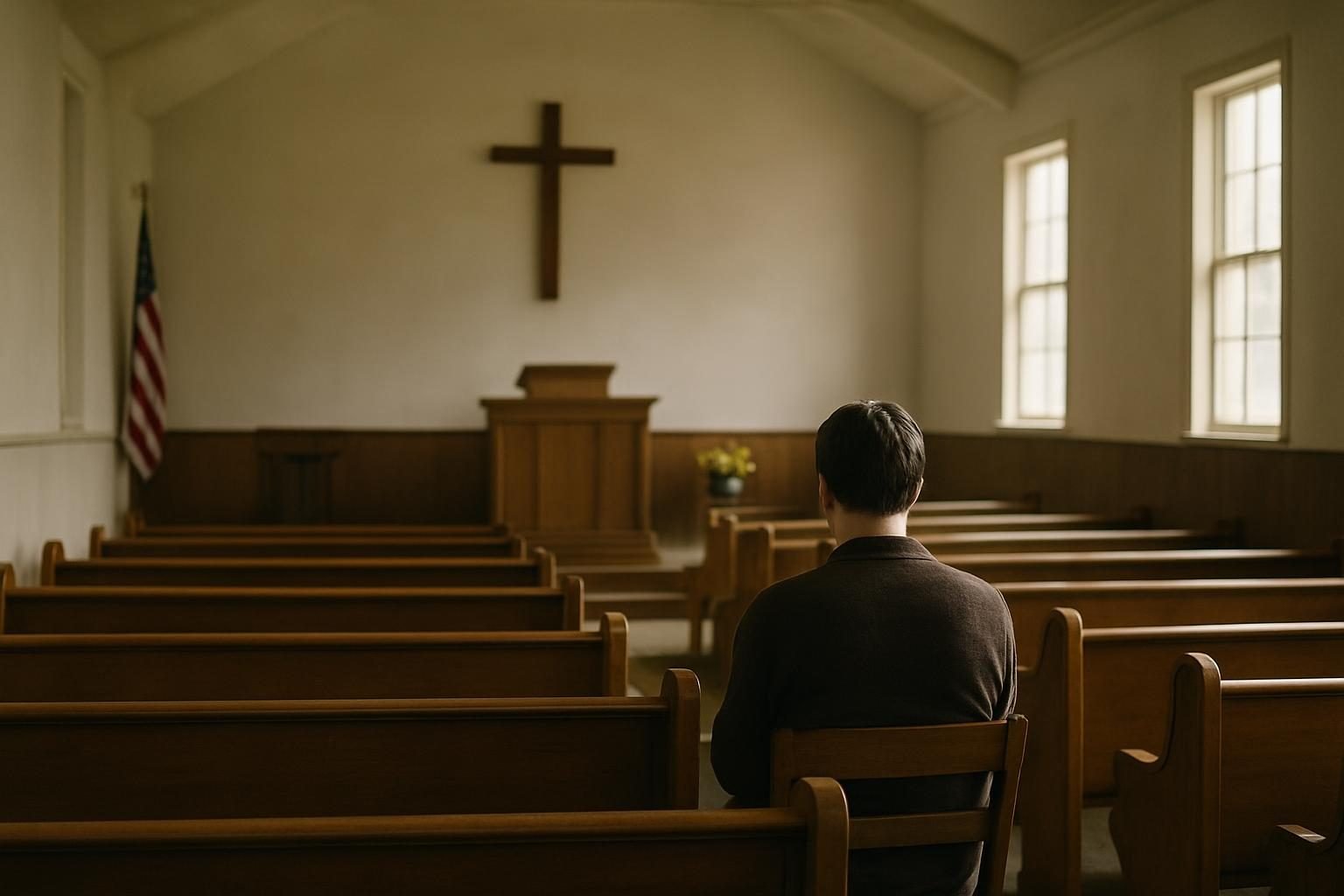 Empty church pews lit by afternoon sun, evoking Baldwin's early years in the church