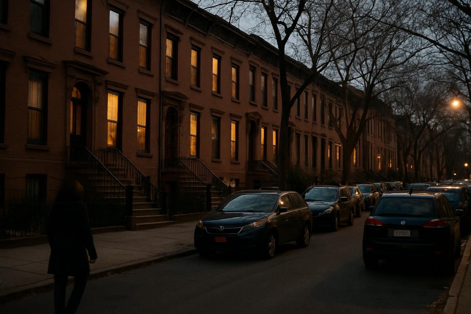 Quiet city neighborhood street at dusk with warmly lit row houses