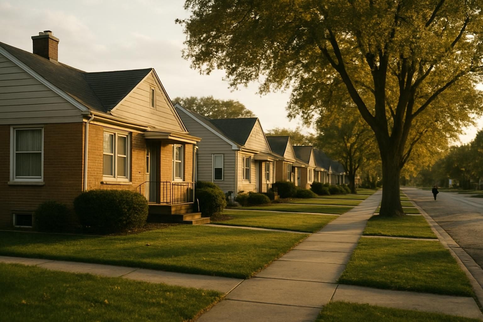 Quiet suburban street of postwar-era homes at golden hour
