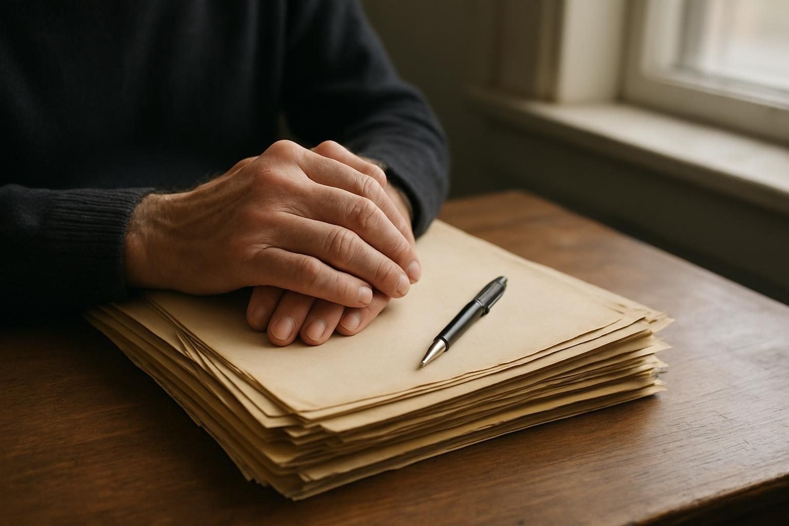 Hands on a desk with loan paperwork and a pen