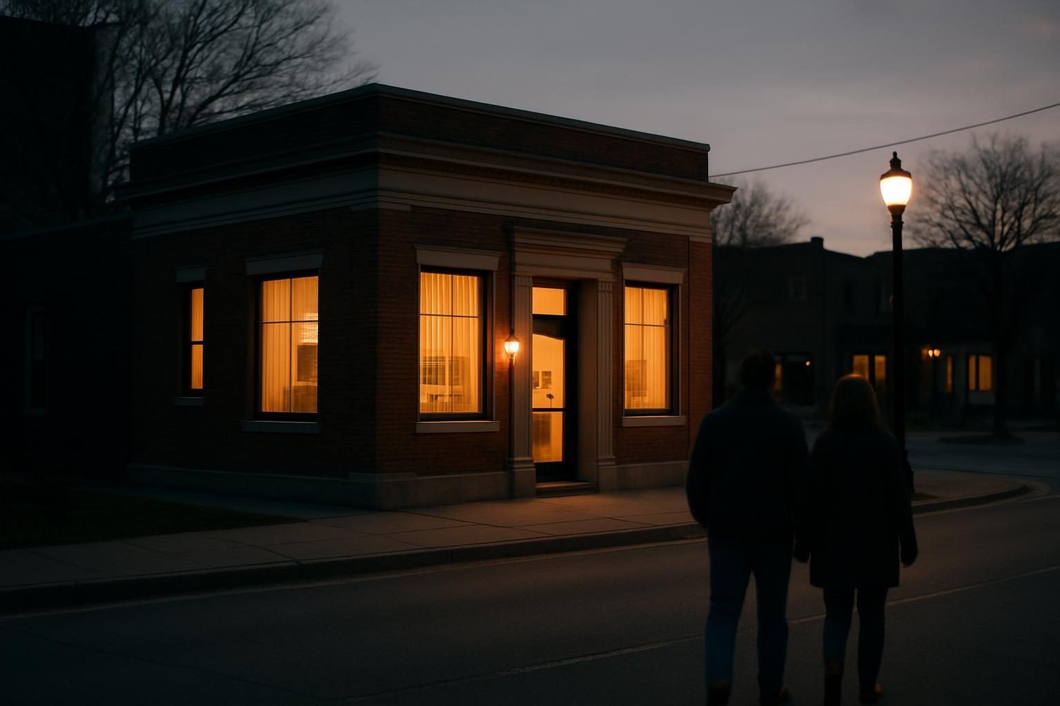 Local bank branch on a main street at dusk