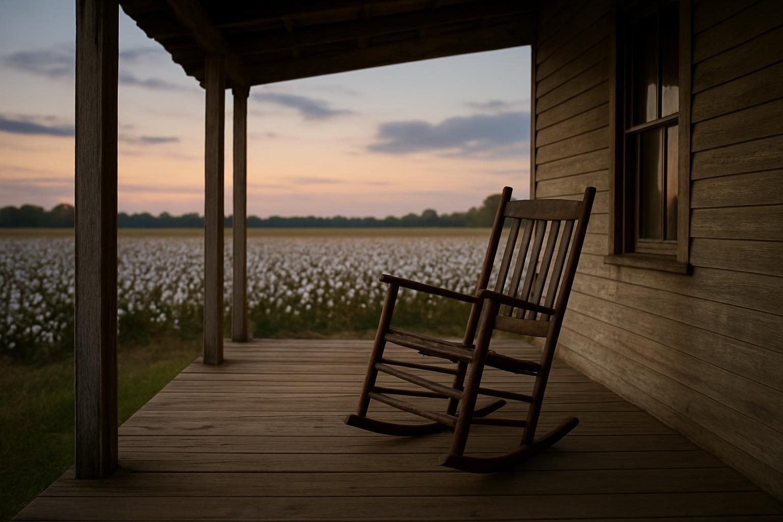 Empty porch overlooking cotton fields in the rural South at dusk