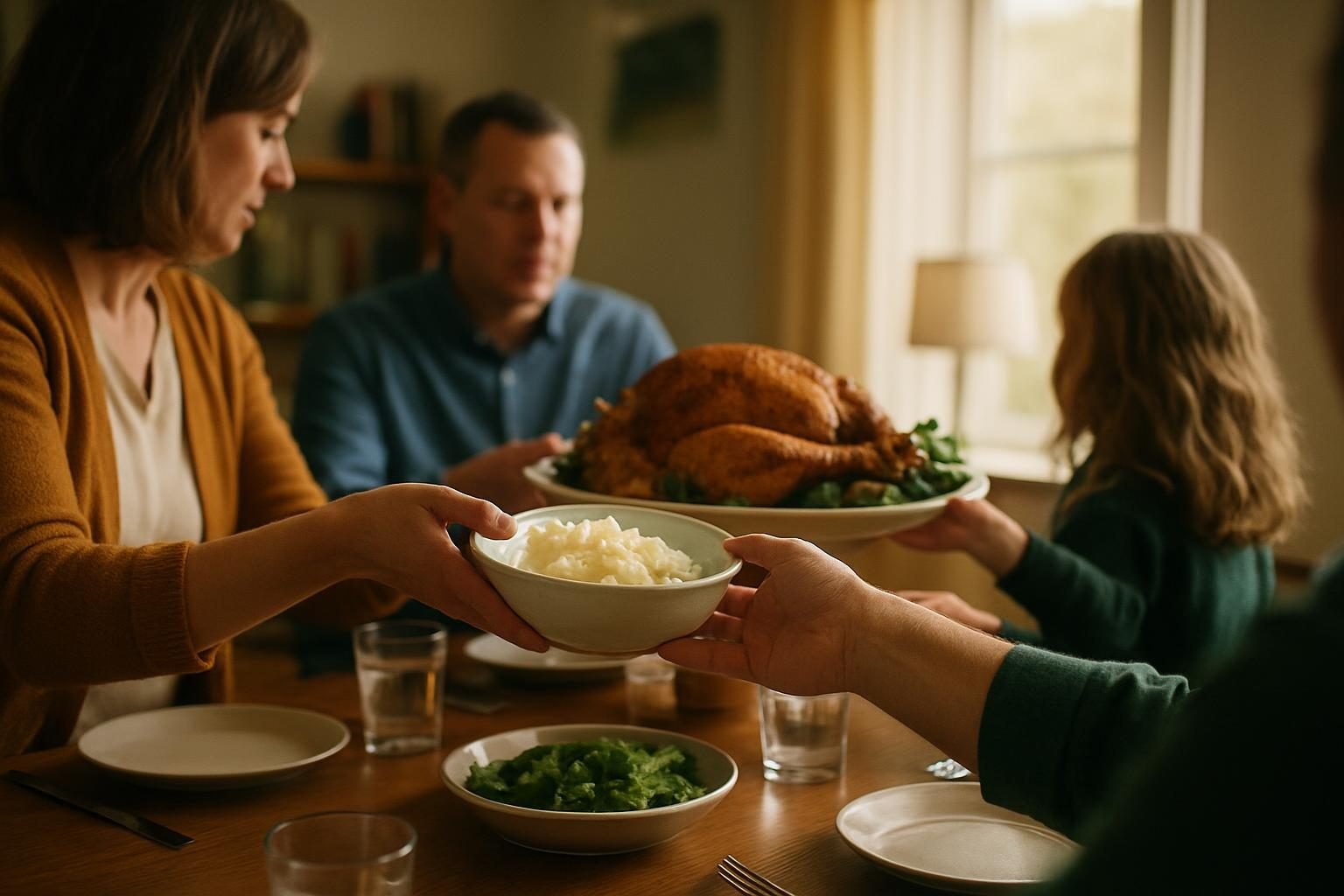 Family sharing dinner around a table, hands passing dishes