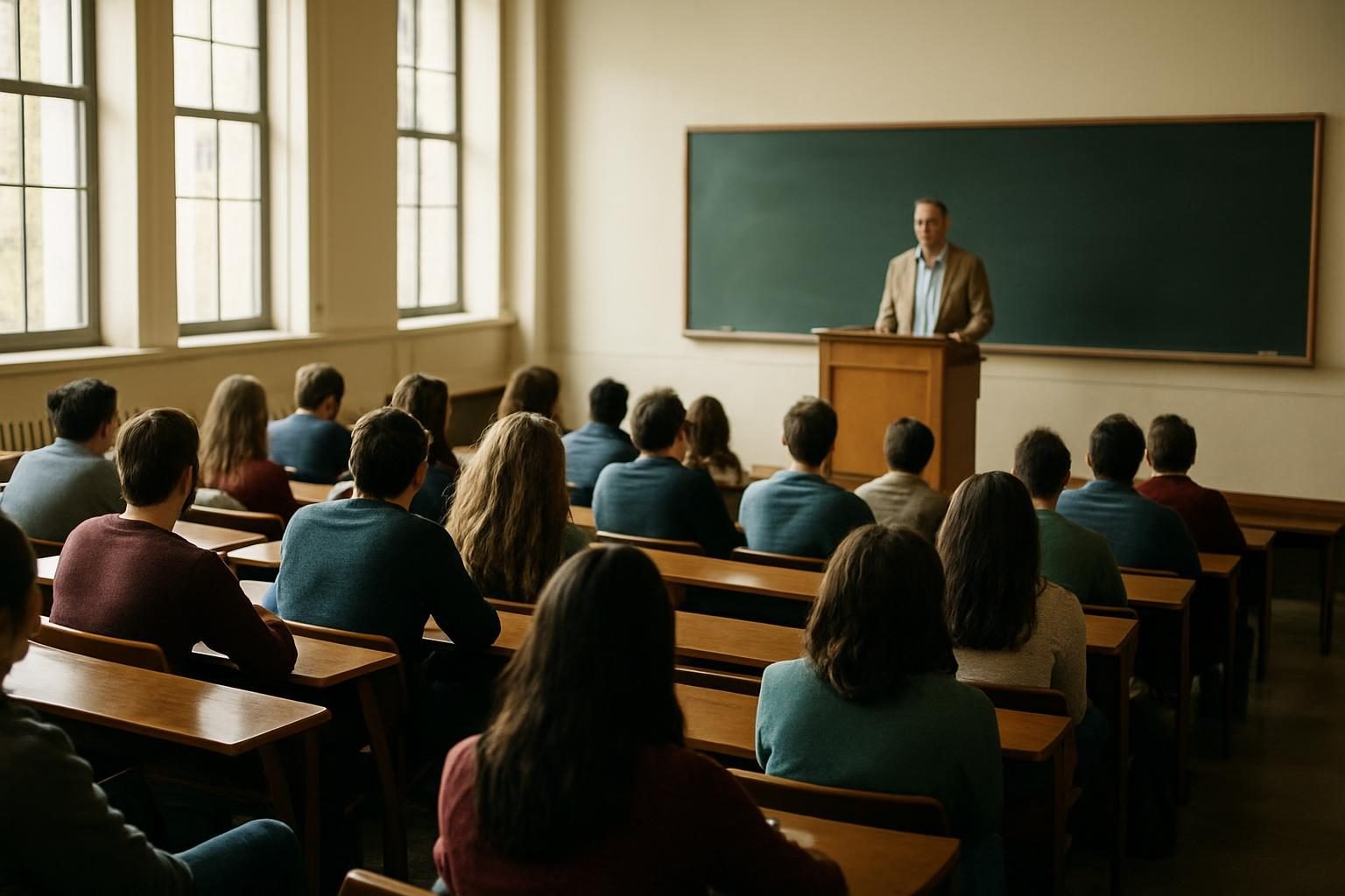 Students in a university lecture hall listening to a professor