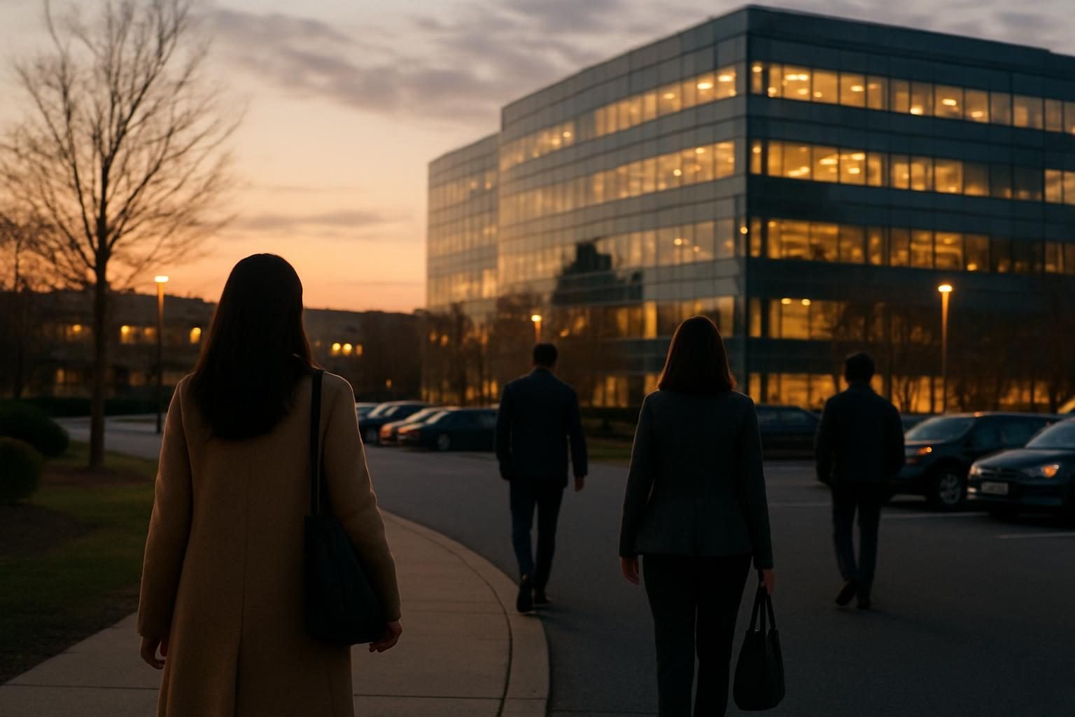 Corporate office buildings at dusk with commuters heading home