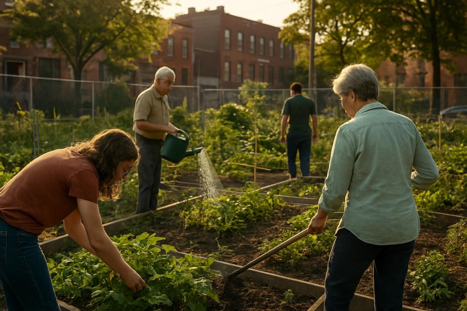 Neighbors of different ages working together in a community garden