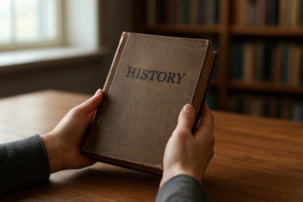 Hands holding a worn history book, representing a The Half Has Never Been Told summary