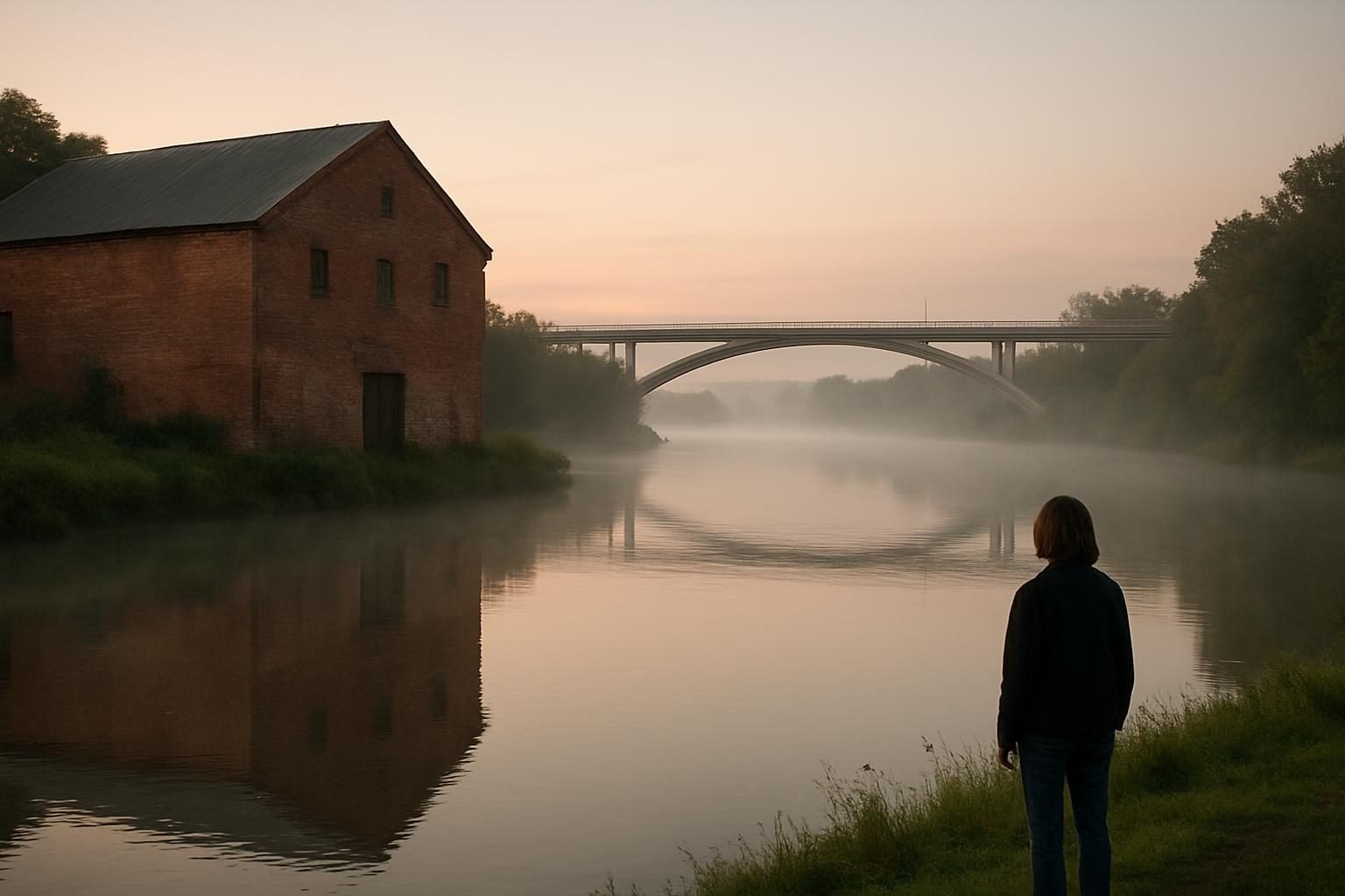 A quiet river at dawn beside an old brick warehouse and a modern bridge