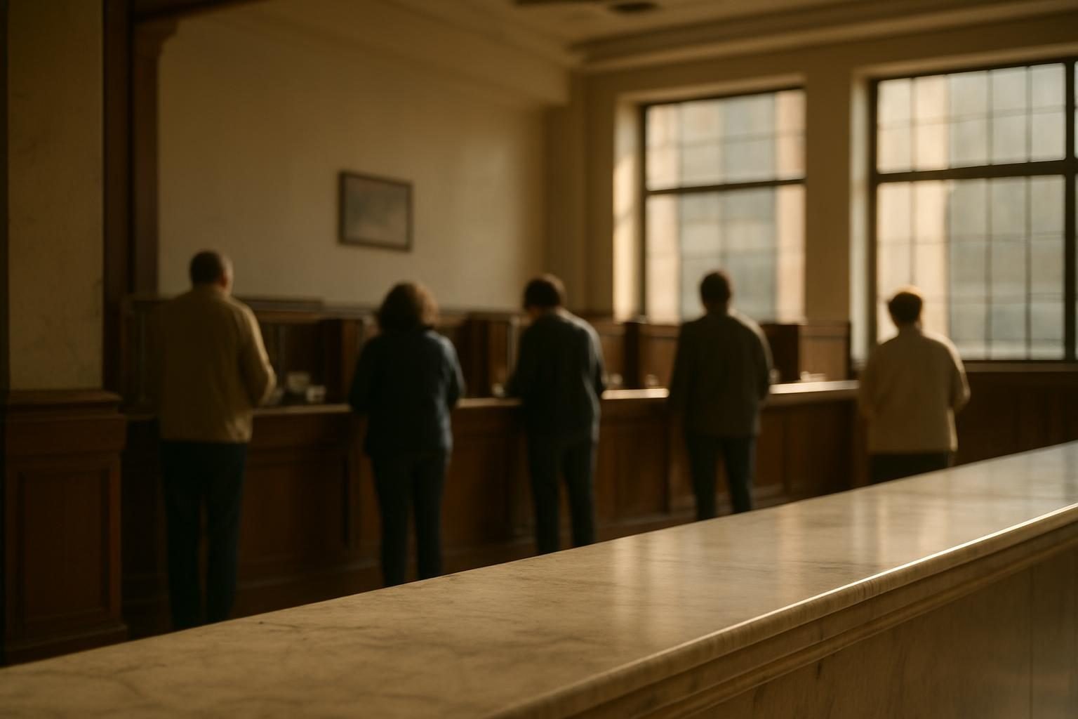 A bank lobby with a long counter in warm afternoon light