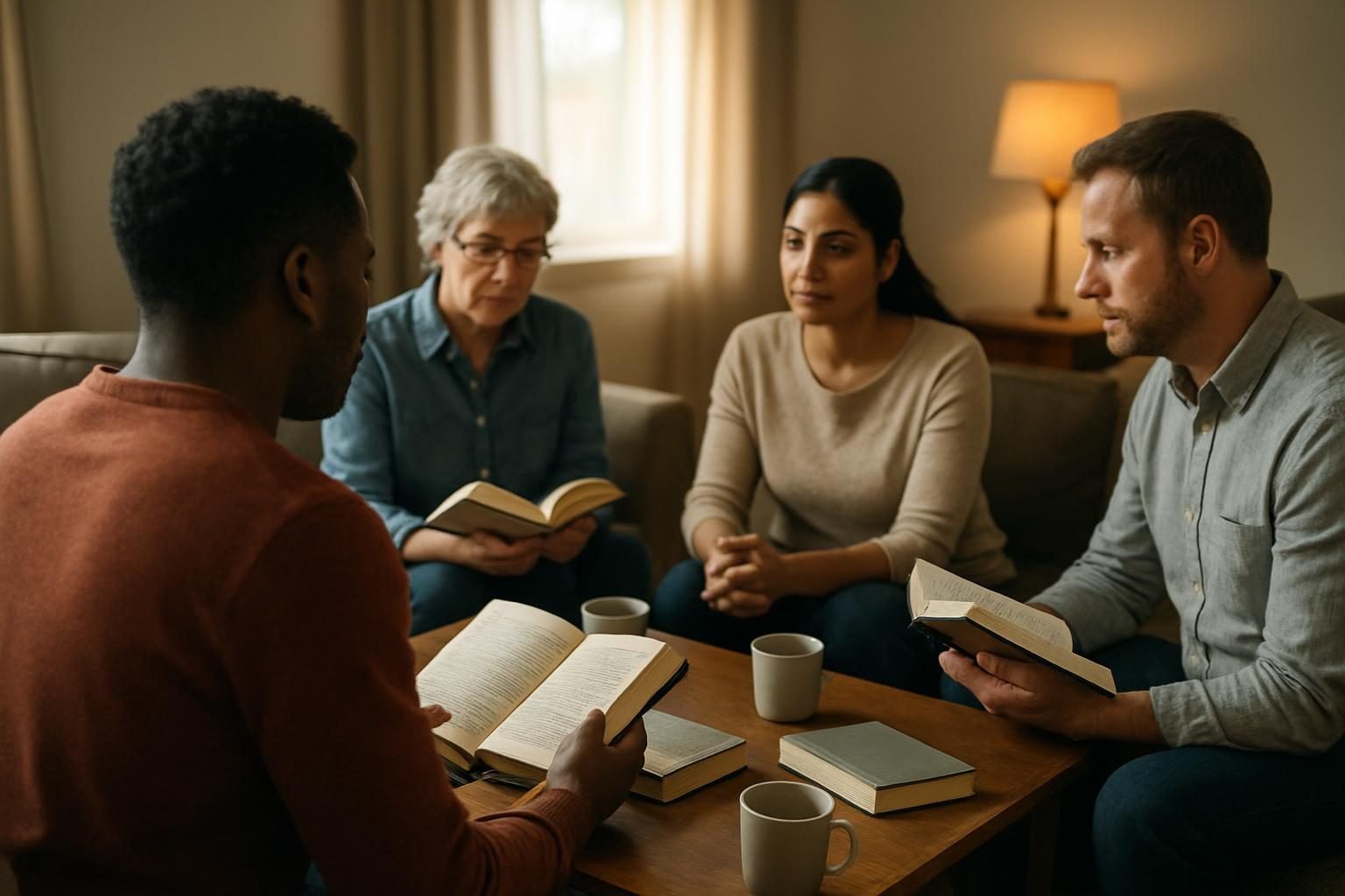 A reading group of adults discussing a book around a coffee table