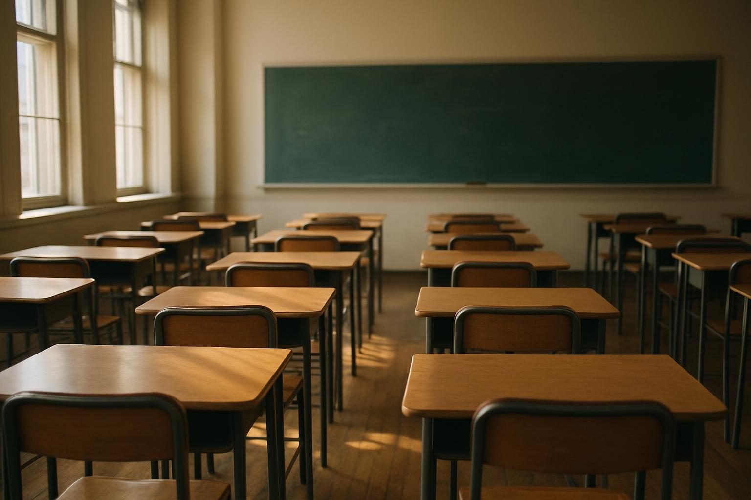 Empty classroom with desks and morning light