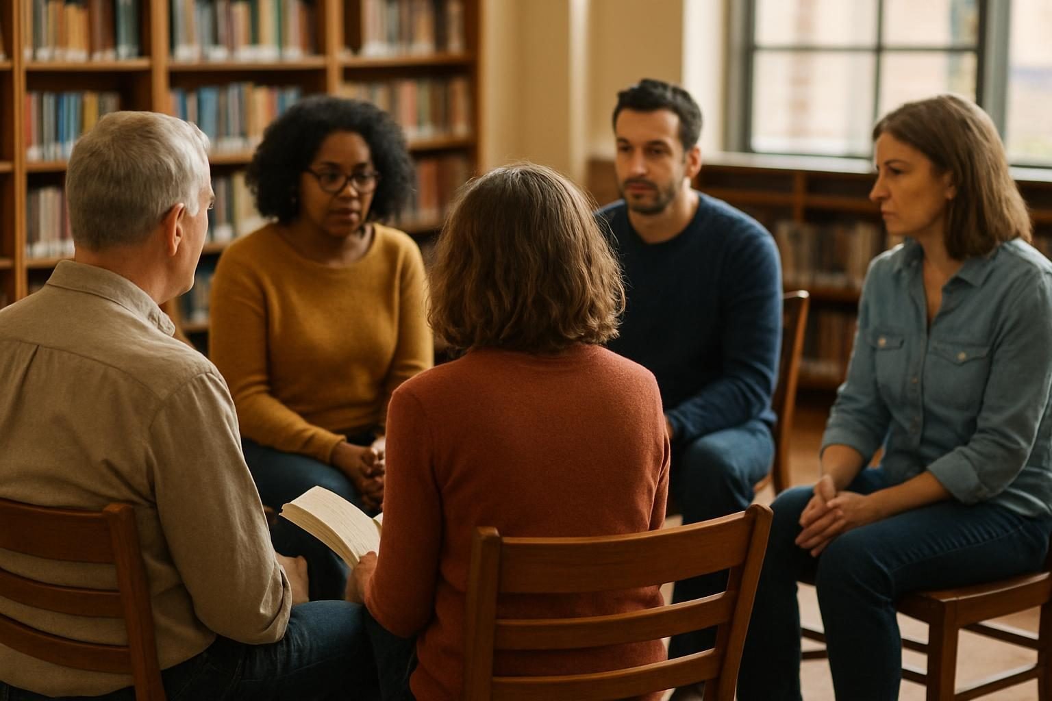 Reading group discussing a book in a community library