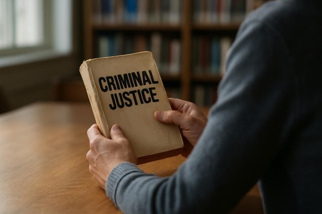 Hands holding a worn library book for a The New Jim Crow summary reading guide