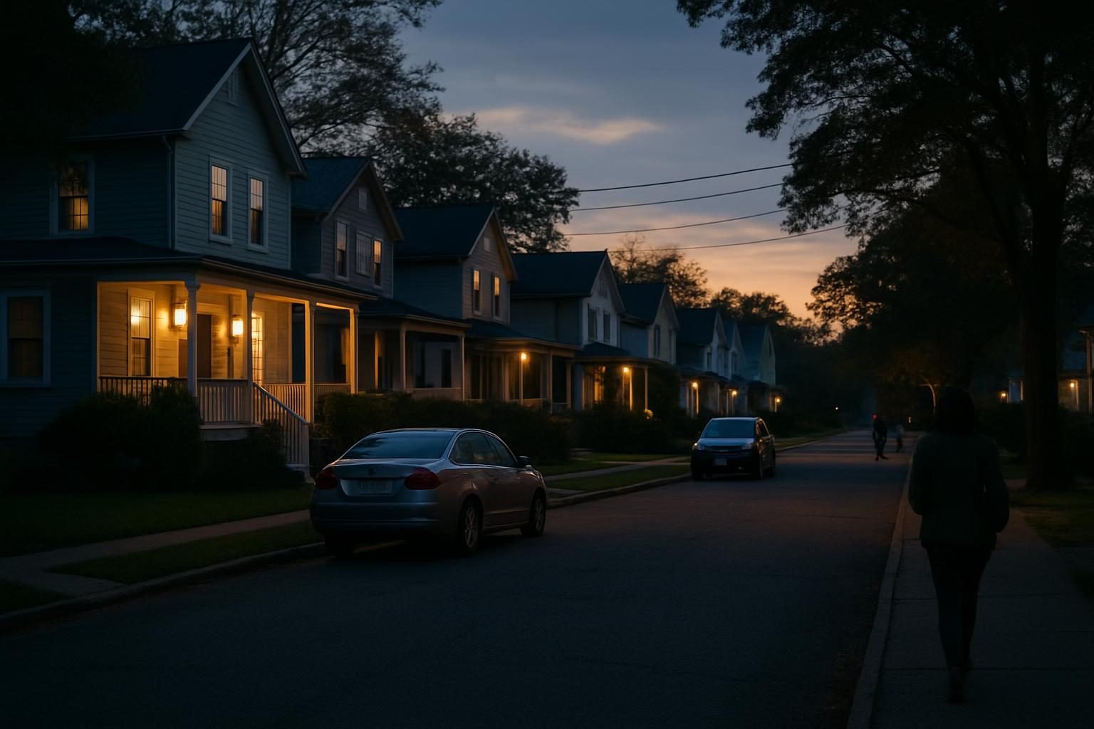 Quiet neighborhood street at dusk where policing and community life meet