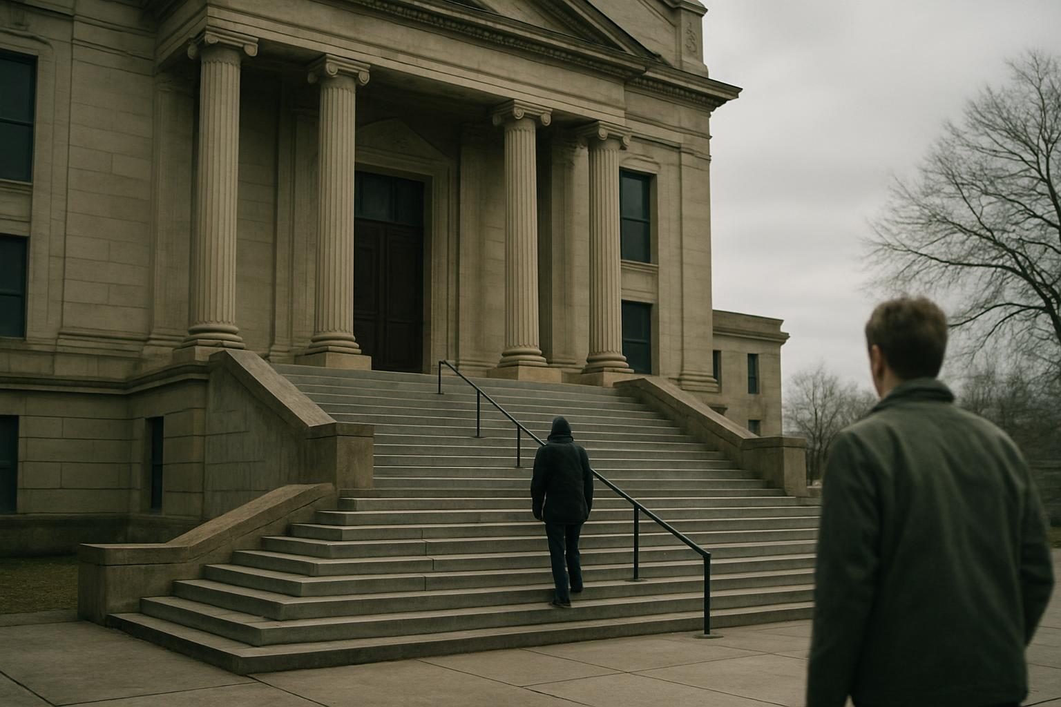 Courthouse steps on an overcast morning