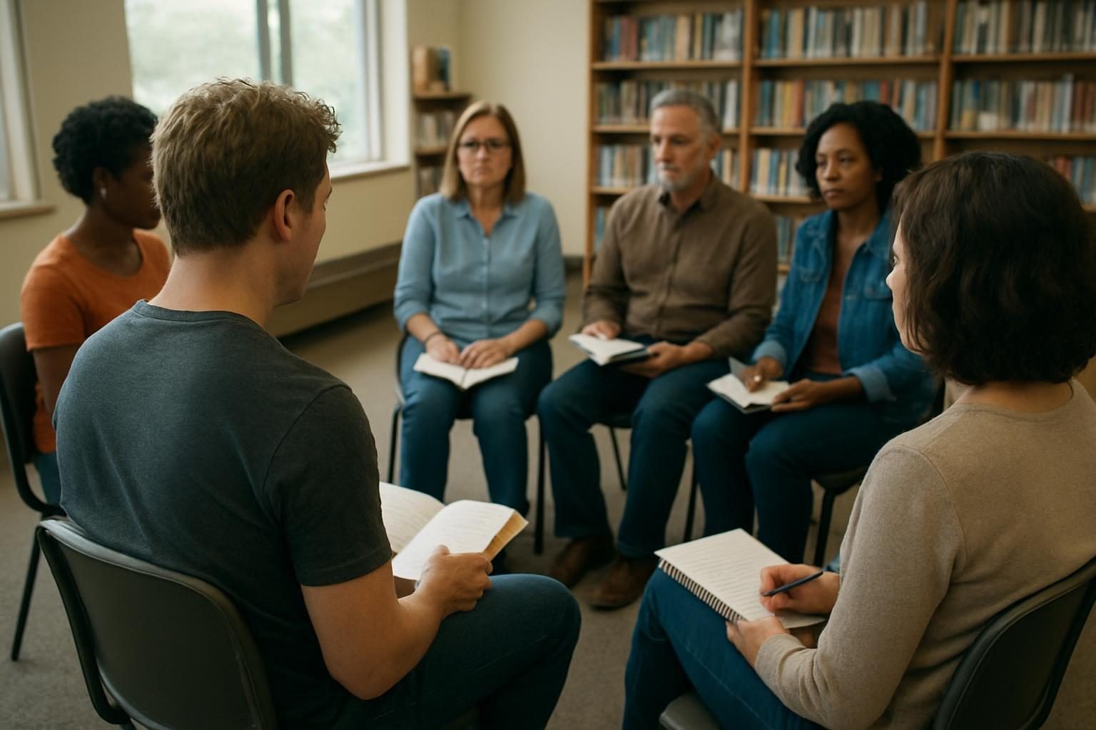 Reading group discussing a book in a library meeting room