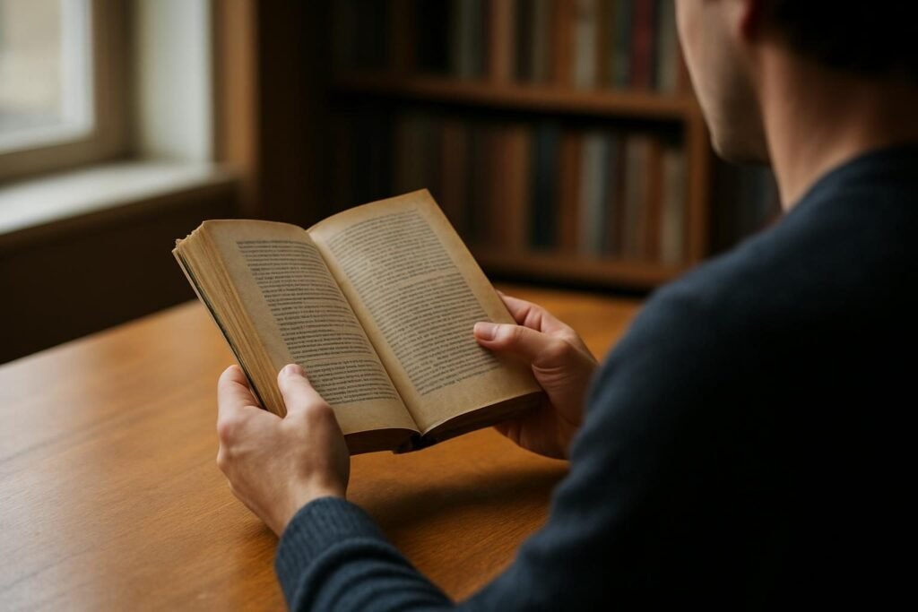 Hands holding a worn paperback at a library table, reading The Prince Machiavelli summary themes