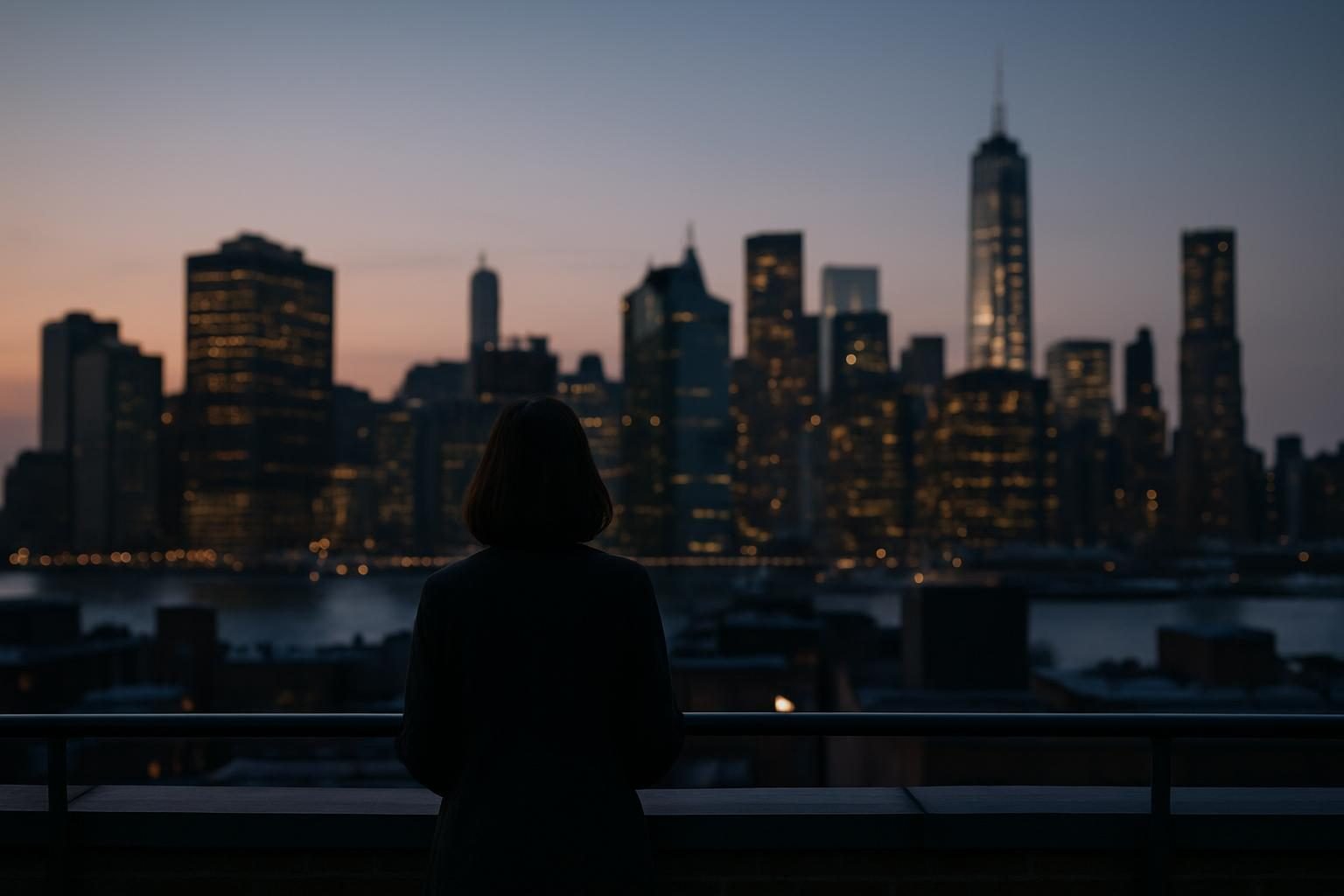 City skyline at dusk with lit office windows suggesting centers of power