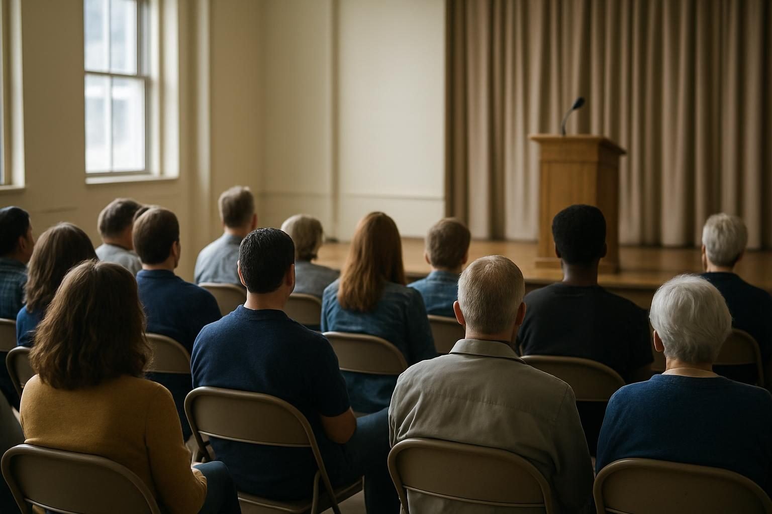 Residents seated at a town hall meeting facing a stage