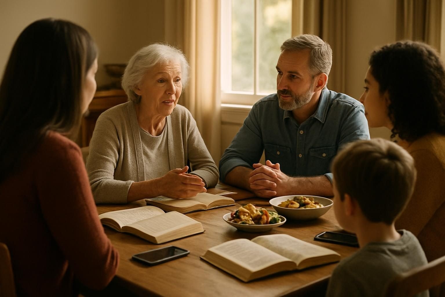 A family talking around a dinner table in warm light