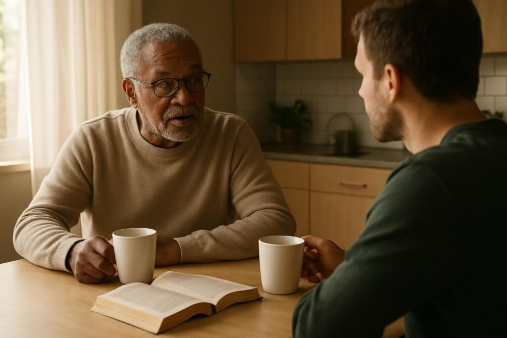 Two people talking over coffee at a kitchen table, illustrating The Righteous Mind summary and good-faith disagreement