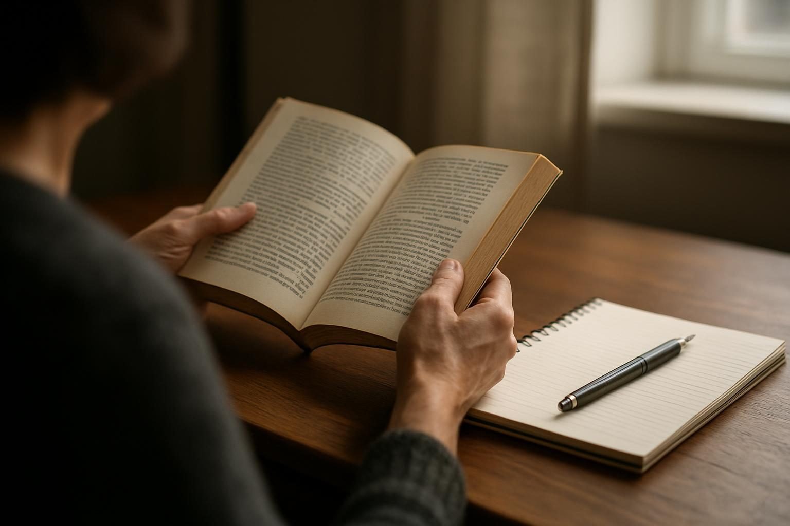 Hands holding a well-read library book beside a notebook