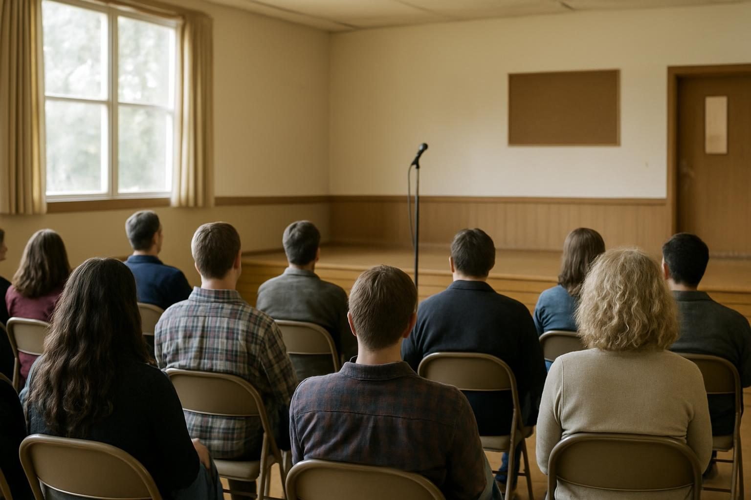 Residents seated at a town hall meeting facing a microphone