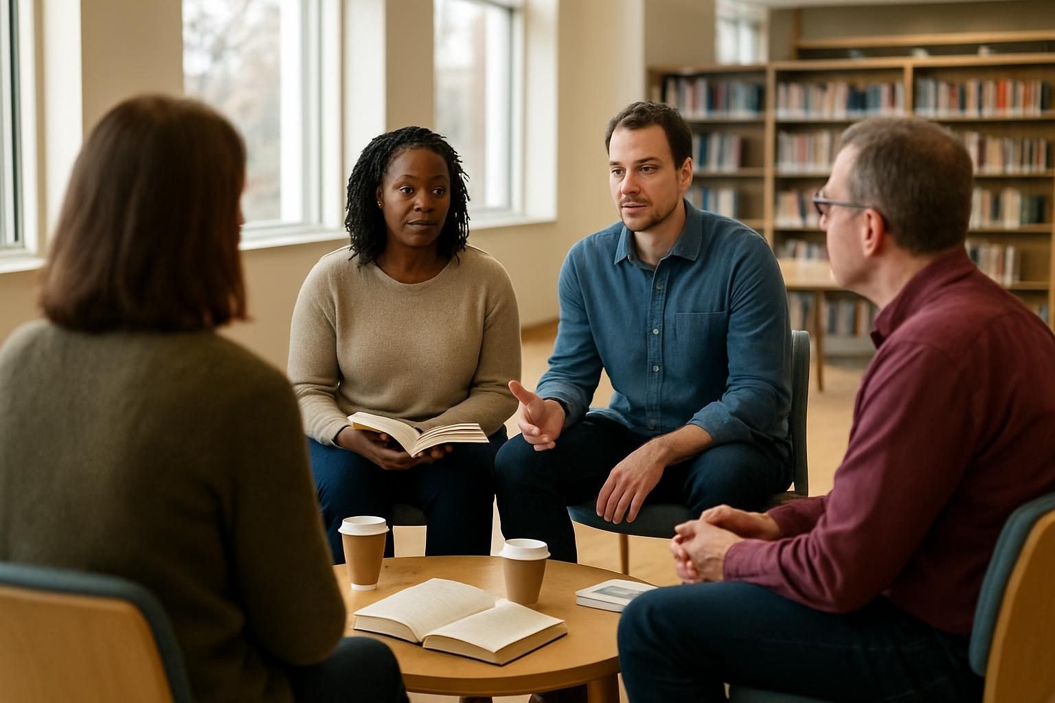A reading group discussing a book in a library meeting room