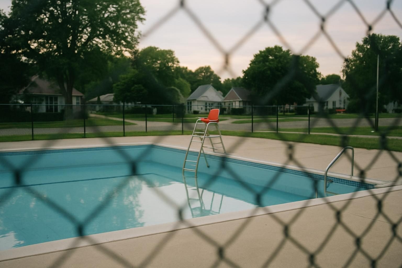 An empty public swimming pool at dusk with a lifeguard chair