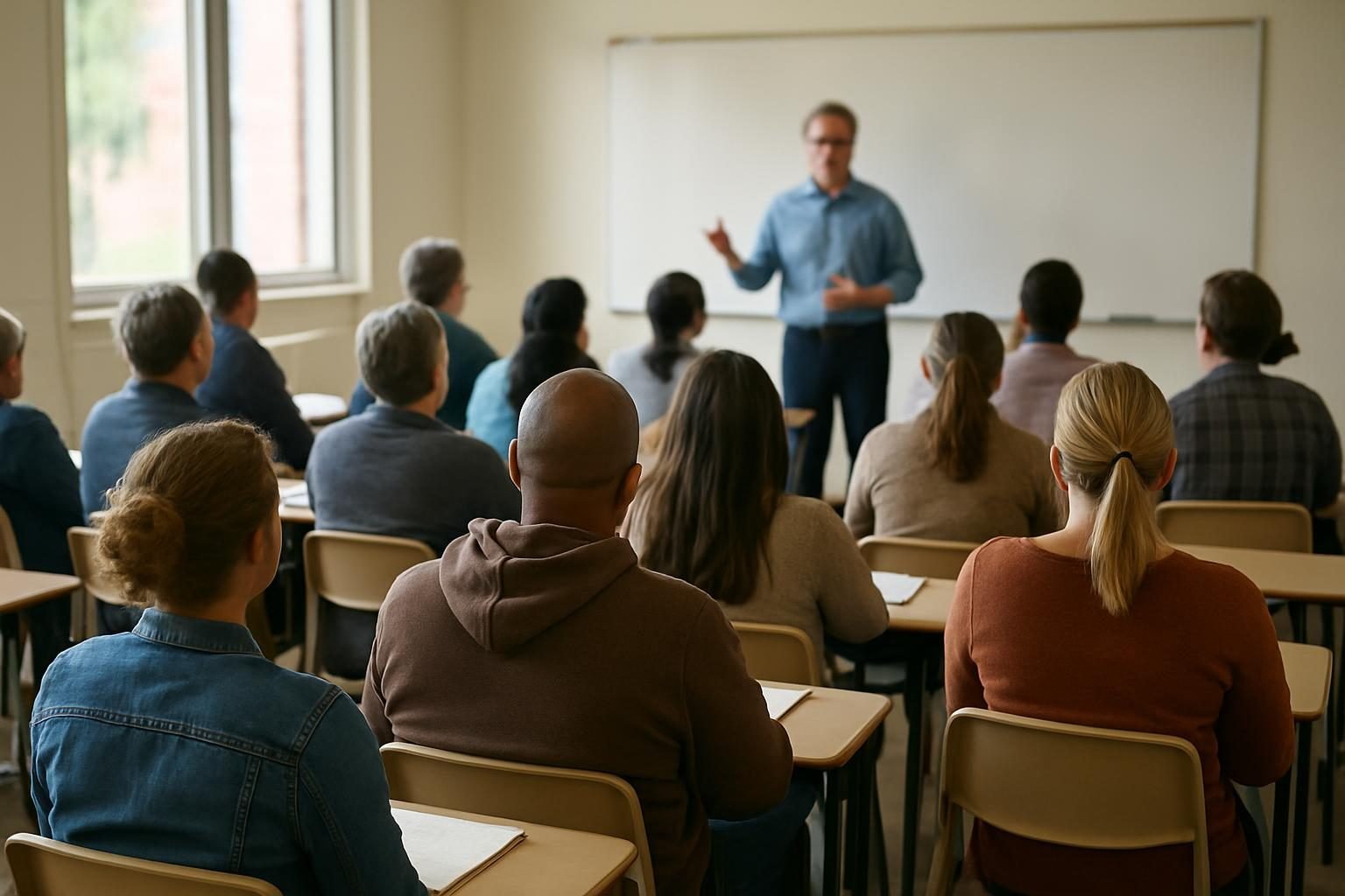Students of different ages and backgrounds in a community college classroom